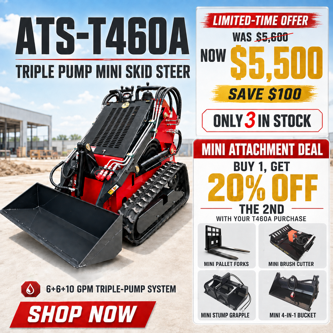 Labor Day Flash Sale｜ATS‑T460A Triple‑Pump Mini Skid Steer Limited Offer