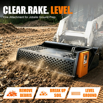 72 Inch Hydraulic Rock Rake for Skid Steer - Rocks - Debris Removal Tool