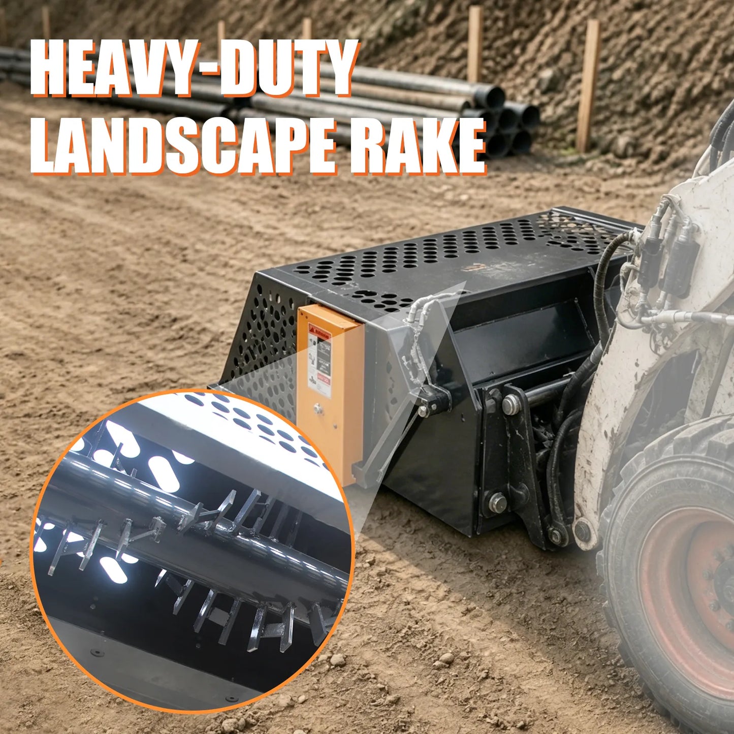 72 Inch Hydraulic Rock Rake for Skid Steer - Rocks - Debris Removal Tool